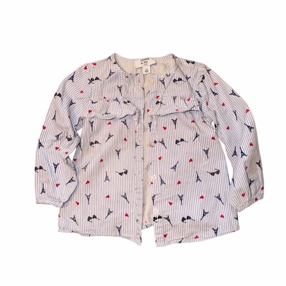crown & ivy White and Navy Striped Button-Down Shirt with Red Heart Accents